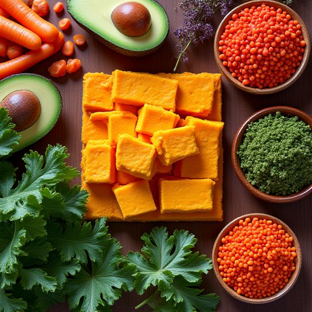 Vibrant flat-lay of colorful plant-based foods including lentils, avocados, and fresh greens